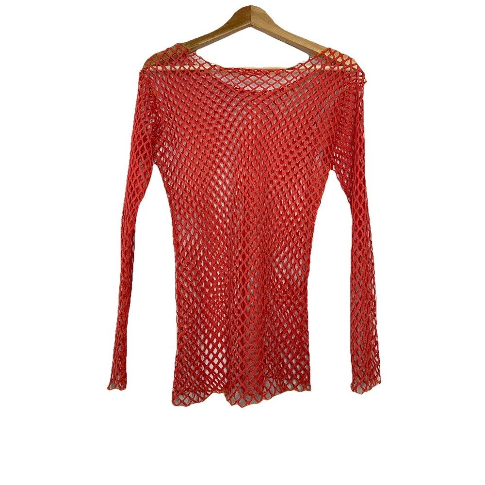 Orange Mesh Long Sleeve Top Micro Dress Swim Coverup Sexy